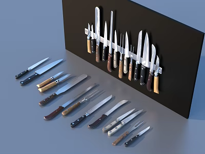 Variety of Kitchen Knives with Different Sizes and Handles on Display Board 3d model
