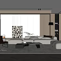 Modern Living Room Interior With Linen Sofa Accent Chair Geometric Wall Art And Area Rug
