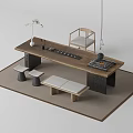 Minimalist Tea Table and Chairs Setup With Tea Set Vase and Stools on Carpet 3d model