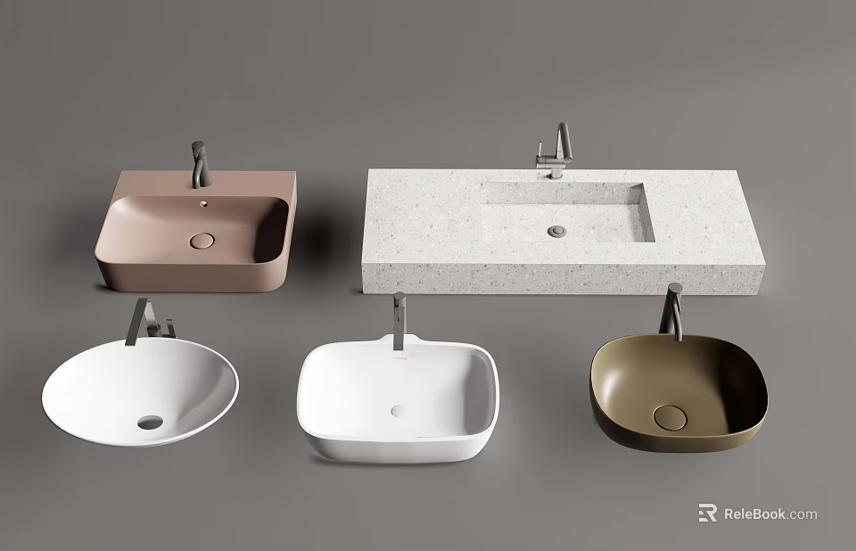 Various Bathroom Sink Styles Featuring Square Round Shapes And White Brown Beige Color Options 3d model 