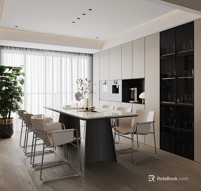 Modern Dining Room Interior With Rectangular Table White Chairs Black Display Cabinet And Large Windows 3d model