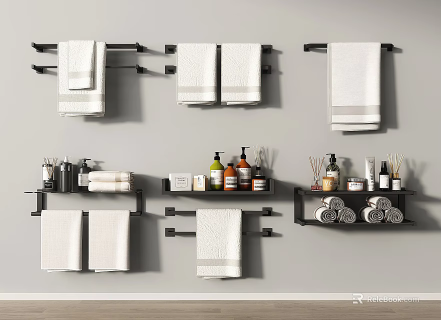 Bathroom Accessories Featuring Towel Racks Hanging Towels Shelves Toiletries Bottles And Rolled Towels 3d model 