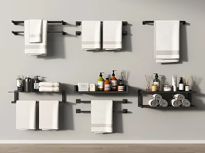 Bathroom Accessories Featuring Towel Racks Hanging Towels Shelves Toiletries Bottles And Rolled Towels 3d model