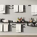 Bathroom Accessories Featuring Towel Racks Hanging Towels Shelves Toiletries Bottles And Rolled Towels