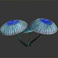 Bioluminescent Blue Mushrooms with Ruffled Edges Deep Blue Centers and Shiny Reflections on Dark Background