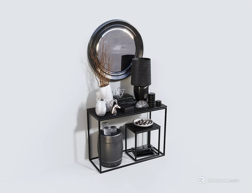 Modern Black Console Table With Round Mirror Lamp And Decorative Items 3d model 