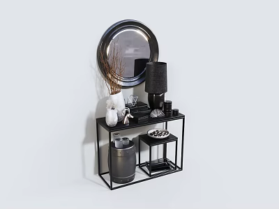 Modern Black Console Table With Round Mirror Lamp And Decorative Items 3d model