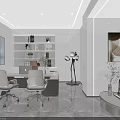 Modern Office Interior With Desk Chairs Bookshelf Sofa And Decorative Paintings
