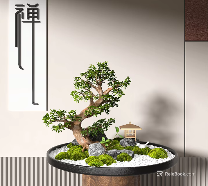 Serene Indoor Bonsai Tree Decoration With Curved Trunk Green Foliage Moss Stones And Mini Pavilion 3d model 