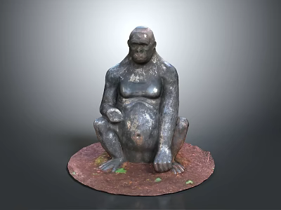 Artistic Sitting Gorilla Sculpture With Metallic Texture And Circular Rustic Base 3d model