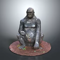 Artistic Sitting Gorilla Sculpture With Metallic Texture And Circular Rustic Base 3d model
