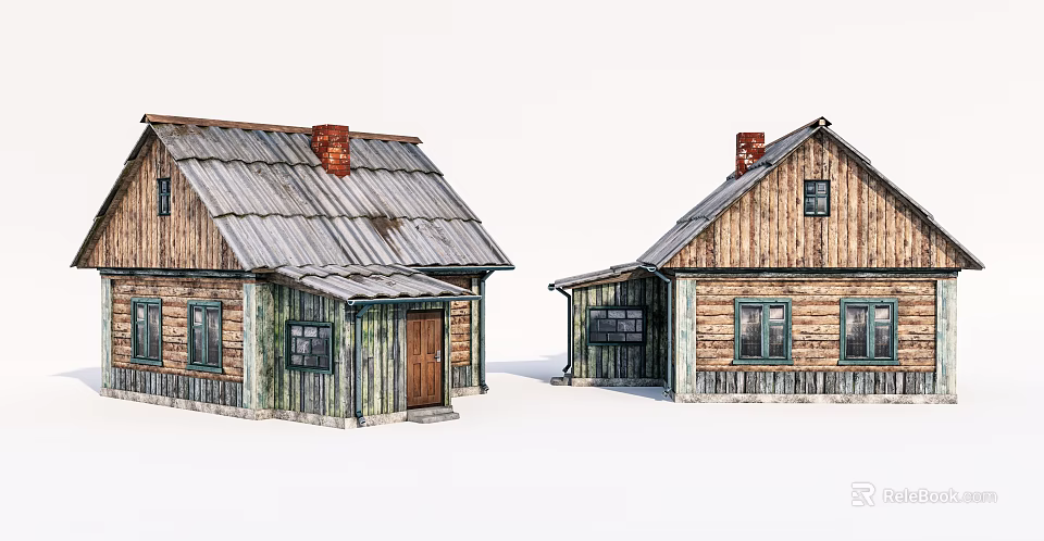 Traditional Rural Self-built House Featuring Wooden Exterior Tin Roof And Red Chimney 3d model 