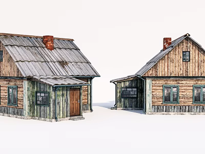 Traditional Rural Self-built House Featuring Wooden Exterior Tin Roof And Red Chimney 3d model