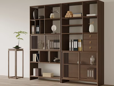 Traditional Chinese Wooden Bogu Shelf With Books Vases Decorative Ornaments And Green Plant 3d model