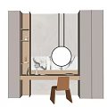 Elegant Modern Dressing Table Interior With Wooden Shelves Round Mirror Marble Backdrop And Chair