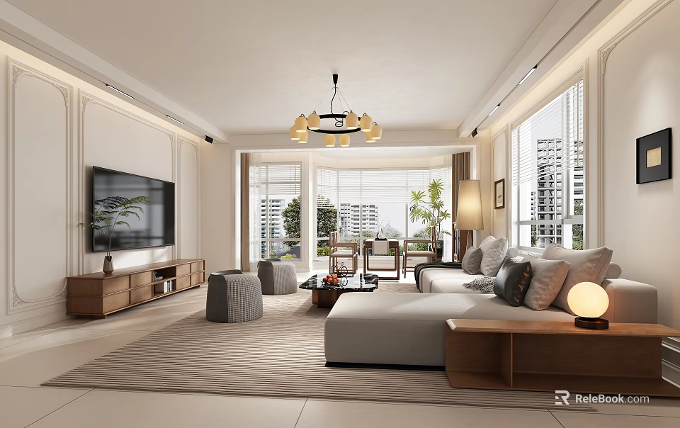Bright Warm Modern Living Room With Large Panoramic Windows And Comfortable Natural Wooden Furnishings 3d model 