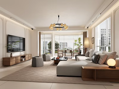 Bright Warm Modern Living Room With Large Panoramic Windows And Comfortable Natural Wooden Furnishings 3d model