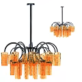 Modern Chandelier With Curved Black Metal Arms And Gold Transparent Cylinder Pendants