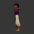 3D Character Model With Purple Vest White Pants Arms Outstretched On Gray Background