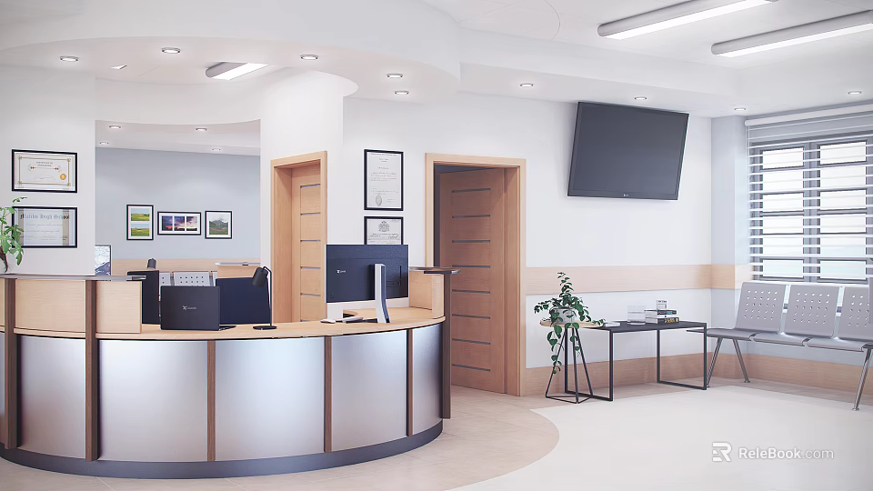 Modern Service Hall Interior With Reception Desk Computers TV Screen Plant And Tables Chairs 3d model 