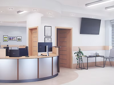 Modern Service Hall Interior With Reception Desk Computers TV Screen Plant And Tables Chairs 3d model