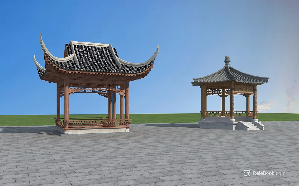 Traditional Chinese Pavilions With Different Designs Wooden Structures And Stone Paved Square Under Blue Sky 3d model 