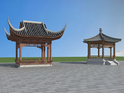 Traditional Chinese Pavilions With Different Designs Wooden Structures And Stone Paved Square Under Blue Sky 3d model