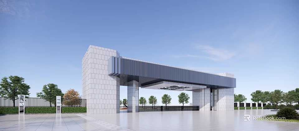 Modern School Building Entrance with Gray Brick Walls Black Slatted Top Spacious Square and Trees 3d model 