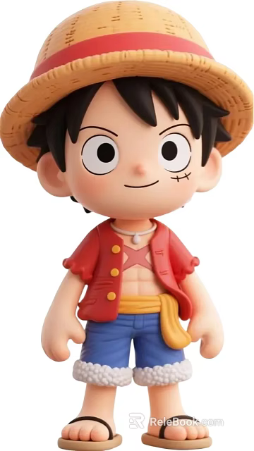 Smiling Anime Game Character With Straw Hat Red Shirt And Yellow Sash 3d model 