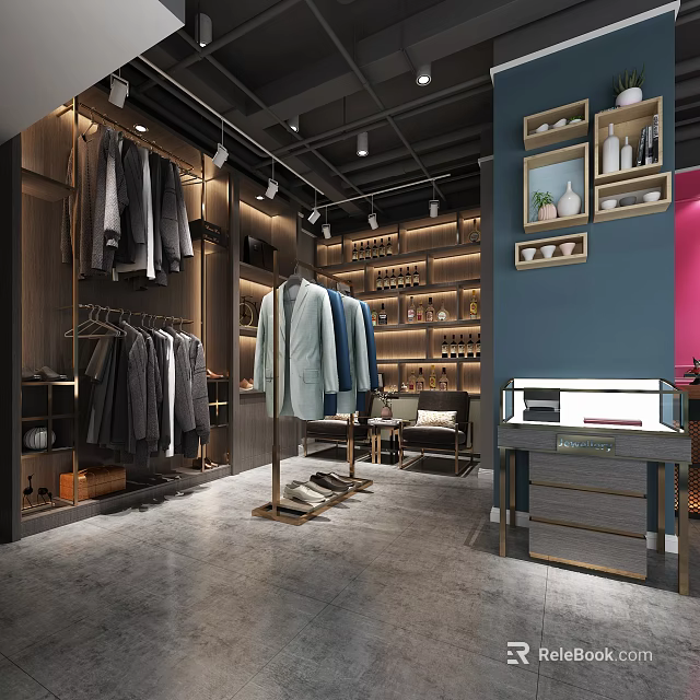 Modern Clothing Store Interior Design With Hanging Clothes Display Racks And Decorative Shelves 3d model 