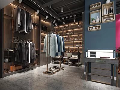 Modern Clothing Store Interior Design With Hanging Clothes Display Racks And Decorative Shelves 3d model