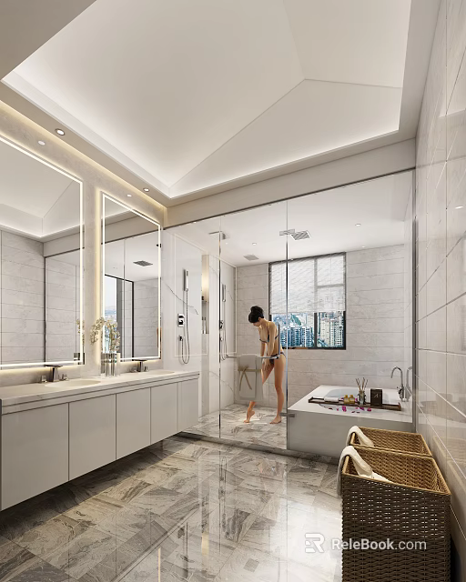 Modern Bathroom Interior Design With Marble Double Vanity Shower Enclosure Bathtub And Large Window 3d model 