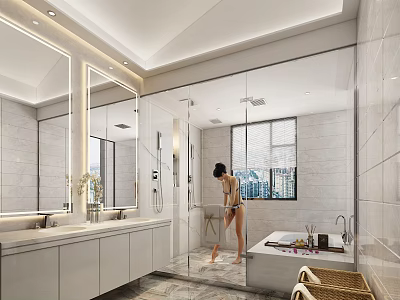 Modern Bathroom Interior Design With Marble Double Vanity Shower Enclosure Bathtub And Large Window 3d model