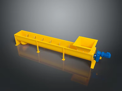 Yellow Industrial Screw Conveyor with Blue Motor on Black Reflective Surface 3d model