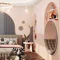 Pink And Gray Kids Room With Circular Decor Bed Stuffed Toys Bookshelf And Chandelier