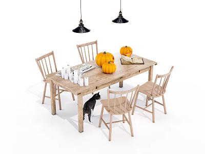 Wooden Dining Table Set With Four Chairs Decorative Pumpkins Books Black Cat And Pendant Lights 3d model