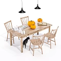 Wooden Dining Table Set With Four Chairs Decorative Pumpkins Books Black Cat And Pendant Lights