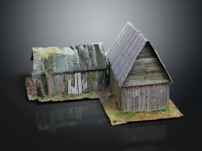 Old Wooden Houses With Weathered Wood And Sloped Roofs On Grassy Ground 3d model