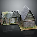 Old Wooden Houses With Weathered Wood And Sloped Roofs On Grassy Ground