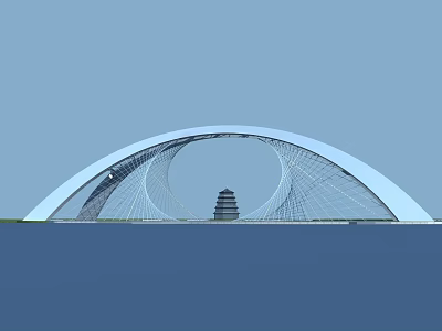Modern Arch Bridge With Cable Stayed Structure Over Water And Traditional Pagoda View 3d model