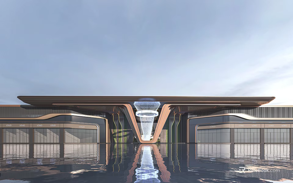 Modern Entrance Gate Architectural Design With Glass Structure And Water Reflection 3d model 