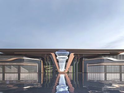 Modern Entrance Gate Architectural Design With Glass Structure And Water Reflection 3d model