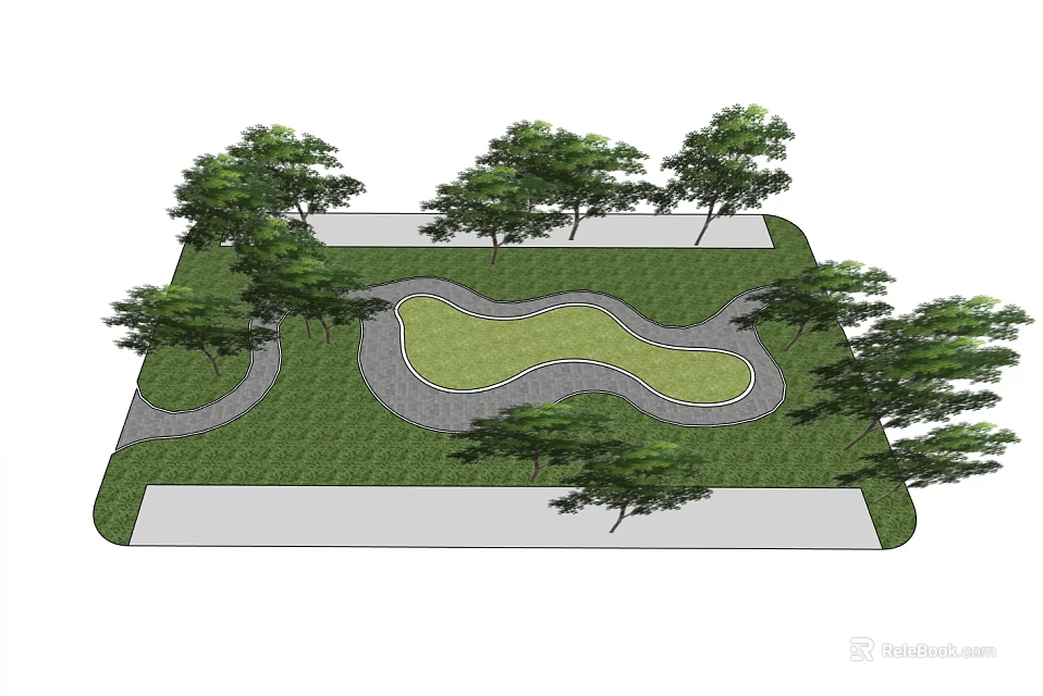 Outdoor Courtyard Garden With Green Lawn Winding Pathway And Trees 3d model 