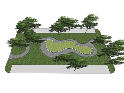 Outdoor Courtyard Garden With Green Lawn Winding Pathway And Trees 3d model