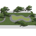 Outdoor Courtyard Garden With Green Lawn Winding Pathway And Trees