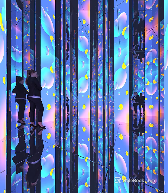 Interactive Mirror Art Installation With Colorful Bubbles Yellow Dots And People Reflections 3d model 