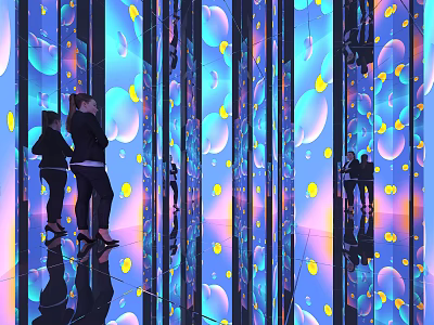 Interactive Mirror Art Installation With Colorful Bubbles Yellow Dots And People Reflections 3d model