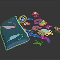 Colorful Metal Charms of Various Shapes Scattered from Blue Pouch with Chain