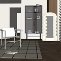 White Accent Chair with Metal Frame and Wavy Decor in Modern Interior with Dark Glass Cabinet