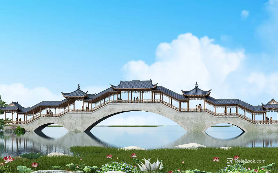 Chinese-style Stone Arch Bridge With Pavilions Spanning Water Surrounding Lotus Flowers Blue Sky White Clouds 3d model 